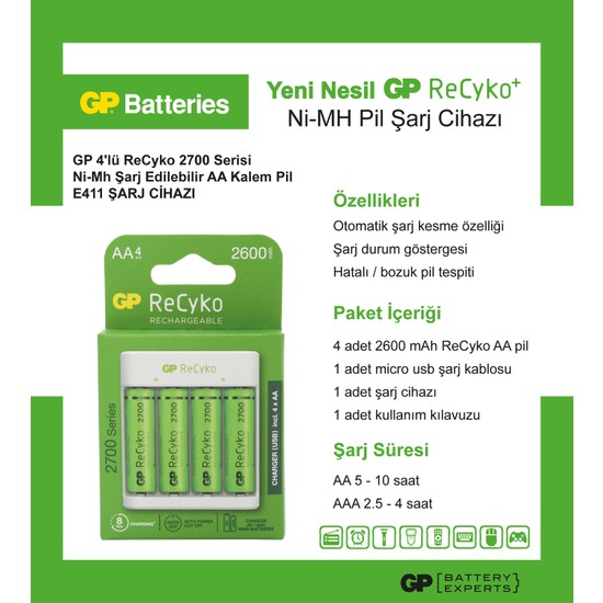 Gp Recyko E411 USB Aa Aaa Şarj Cihazı Gp Recyko 2700 Serisi Fiyatı