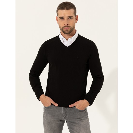 Pierre Cardin Erkek Siyah Slim Fit V Yaka Basic Triko Kazak Fiyat