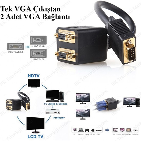 BK Teknoloji 2 Port VGA Çoklayıcı VGA Y Kablo VGA Splitter Fiyatı