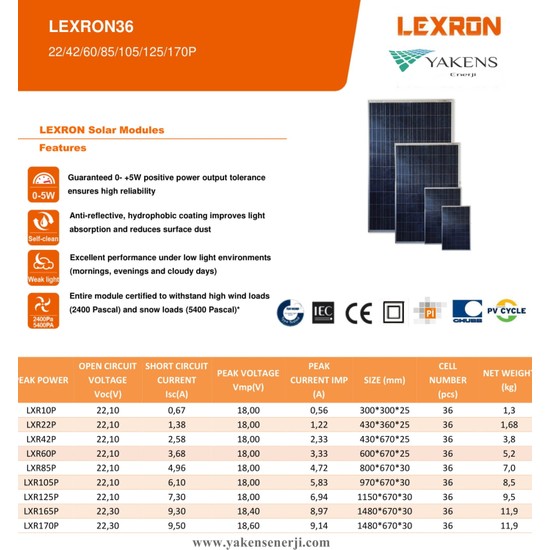 Lexron 170 Watt 12V Polikristal Güneş Paneli Lexron Fiyatı