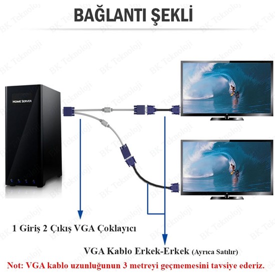 BK Teknoloji VGA Çoklayıcı Monitör Kablosu 1 Giriş 2 Çıkış Fiyatı