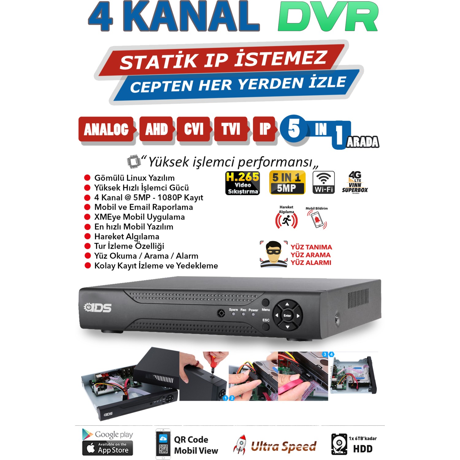 Ids 4 Kameralı Set 5mp Sony Lensli Full Hd Gece Görüşlü Su Geçirmez