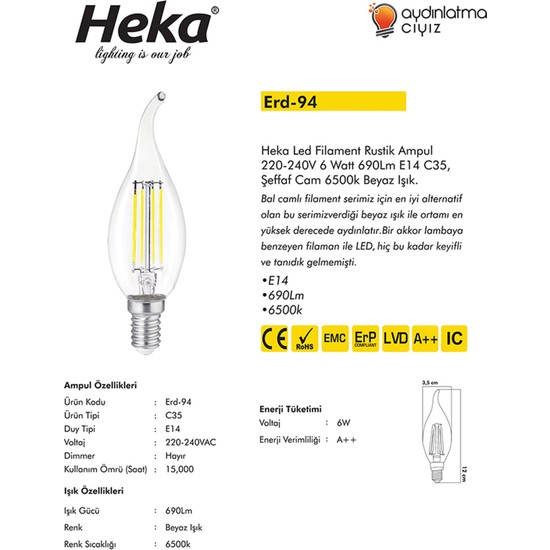 Heka 10 lu LED Filament Rustik Ampul Kıvrık Uç 6W E14 6500K Fiyatı