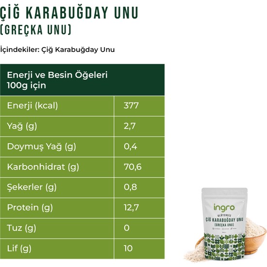 İngro Glutensiz Çiğ Karabuğday Unu Greçka Unu 1000 g Fiyatı