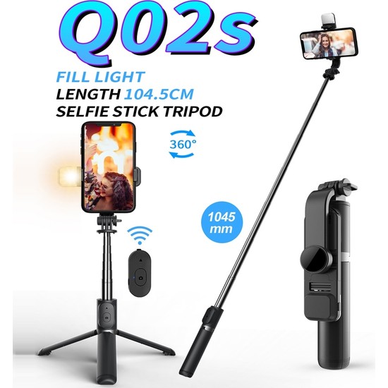 Ganbao Q02S LED Işık Siyah Kablosuz Bluetooth Selfie Çubuğu Tripod