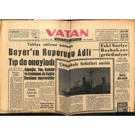 Gökçe Koleksiyon Vatan Gazetesi 19 Mart 1963 Celal Bayarın Fiyatı