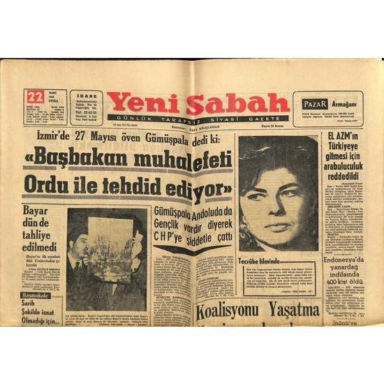 Gökçe Koleksiyon Yeni Sabah Gazetesi 22 Mart 1963 Süreyya Fiyatı