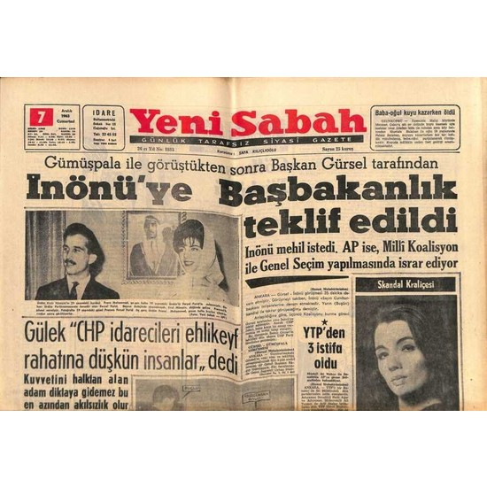 Gökçe Koleksiyon Yeni Sabah Gazetesi 7 Aralık 1963 Inönüye Fiyatı