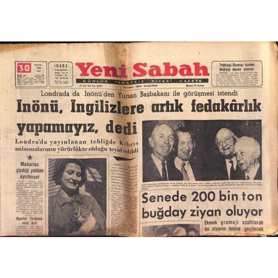 Gökçe Koleksiyon Yeni Sabah Gazetesi 30 Haziran 1964 Fiyatı