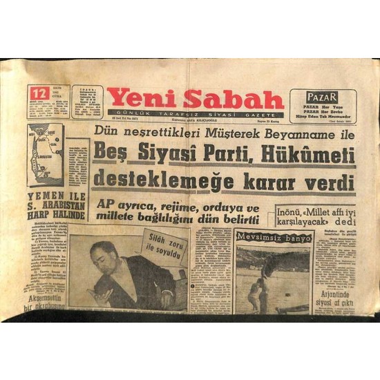 Gökçe Koleksiyon Yeni Sabah Gazetesi 12 Ekim 1962 Yemen Fiyatı