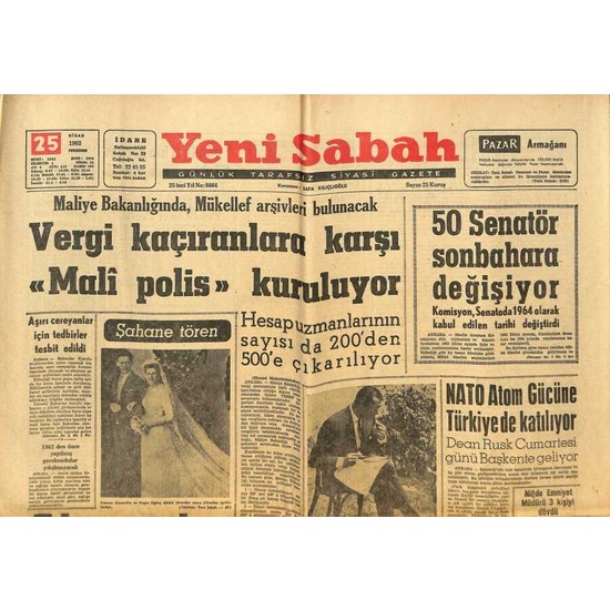 Gökçe Koleksiyon Yeni Sabah Gazetesi 25 Nisan 1963 Laya Fiyatı