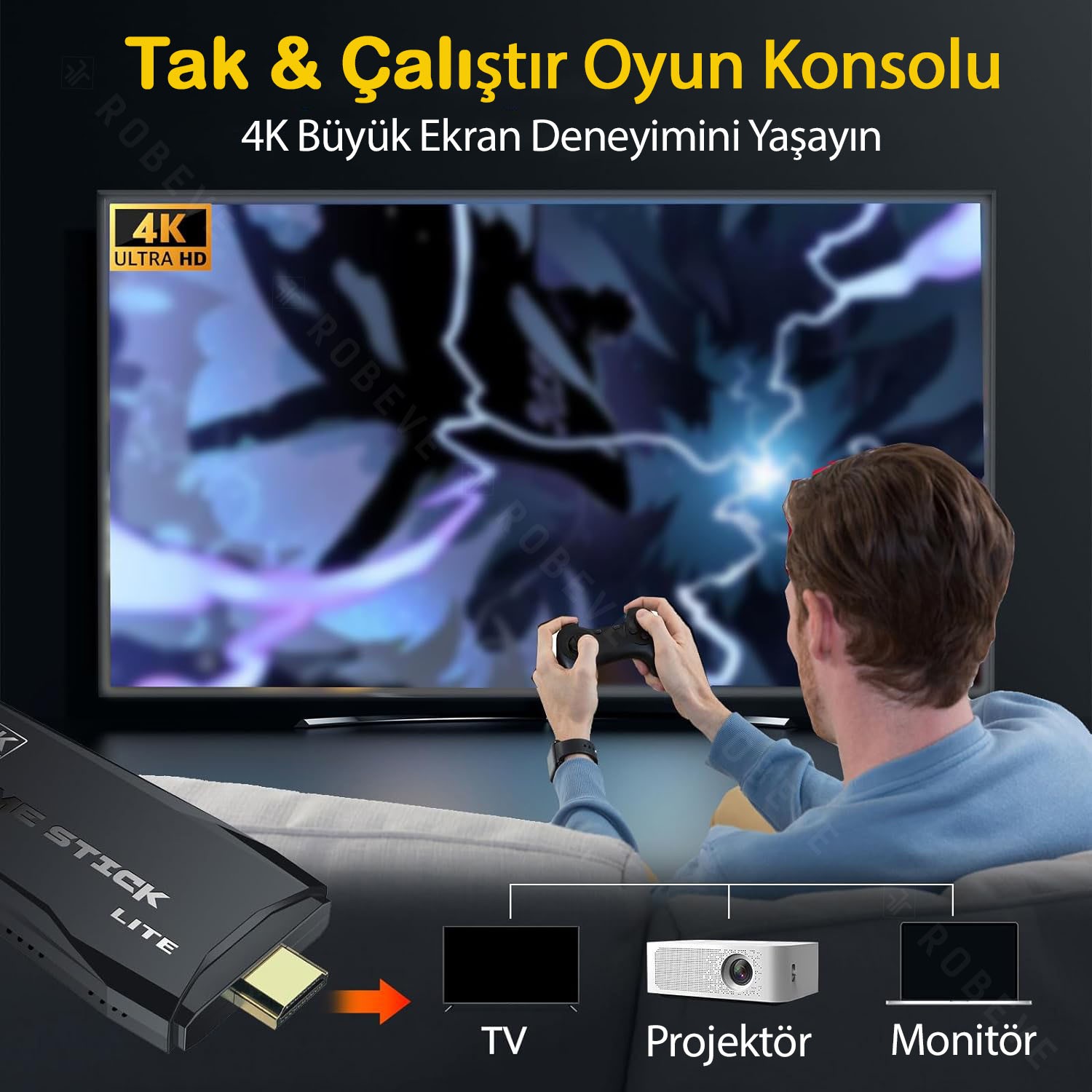 Robeve Kablosuz Çift Kol Oyun Konsolu 3000 Oyun 4K Full HD Oyun