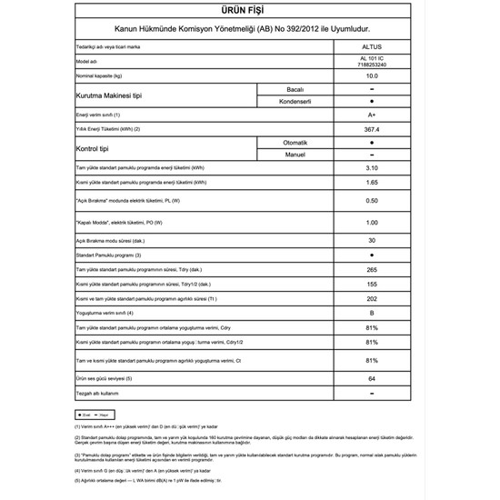 Altus Al 101 Ic 10 kg Çamaşır Kurutma Makinesi Fiyatı