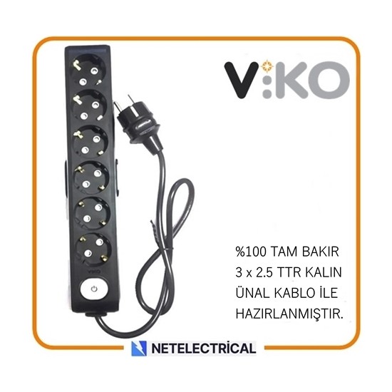 Viko Multi Let Siyah 6 lı 8 Metre Anahtarlı Topraklı Çocuk Korumalı