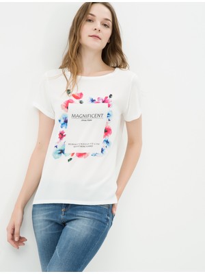 Koton Kadın Çiçekli T-Shirt Beyaz