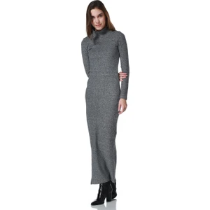 Balık  Sırtı Kumaş Yırtmaçlı Siyah Midi Bayan Elbise