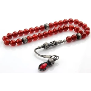 İnan Tesbih Kırmızı Akik Taşı Gümüş Kazaziyeli Model Tesbih