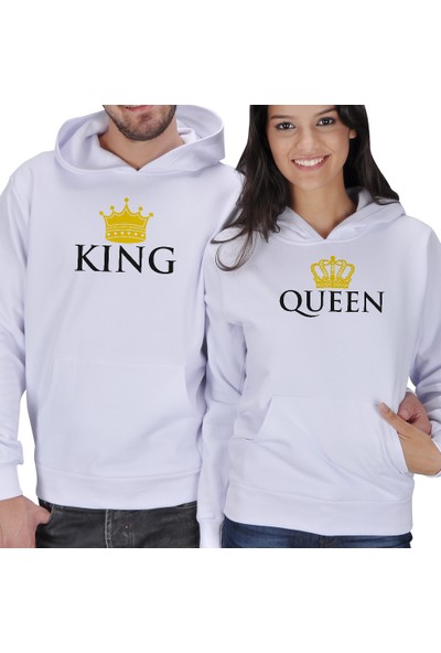Tisho King - Queen Baskılı Sevgili Kapüşonlu Sweatshirt