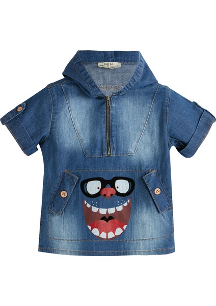 Fashion Monster Kapüşonlu Kısa Kol Denim Sweatshirt 1 Yaş