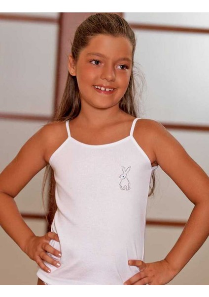 Kız Çocuk Beyaz İp Askılı Göğsü Taşlı Çocuk Atleti MKC104