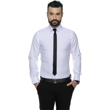 Buenza 4117 Dar Kesim Desenli Erkek Gömlek- Beyaz