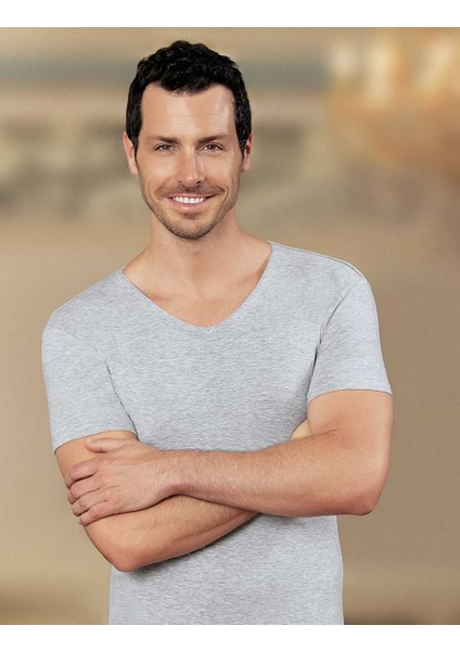 Kısa Kollu V Yakalı Likralı Süprem Atlet Gri Me073