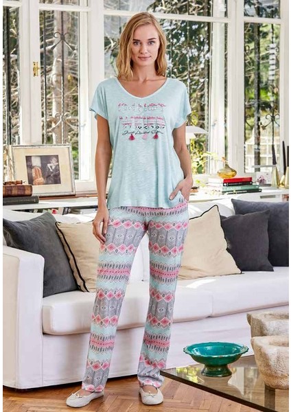 Esk21580 Flamlı Viskon V Yaka Kısa Kollu Pijama Takımı