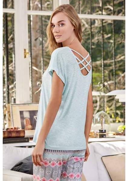 Esk21580 Flamlı Viskon V Yaka Kısa Kollu Pijama Takımı