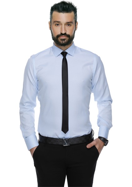 4117 Dar Kesim Desenli Erkek Gömlek- Açık Mavi