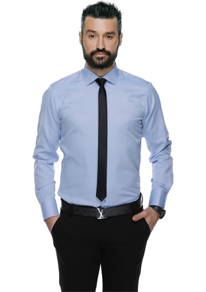 4117 Dar Kesim Desenli Erkek Gömlek- Mavi