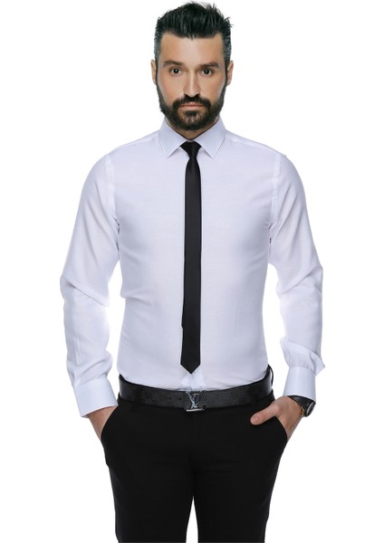 4117 Dar Kesim Desenli Erkek Gömlek- Beyaz