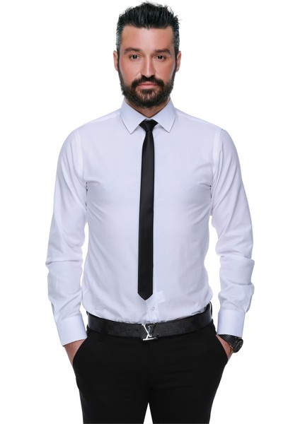 41104 Slim Fit Noktalı Erkek Gömlek- Beyaz
