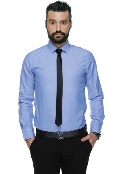 41104 Slim Fit Noktalı Erkek Gömlek- Mavi