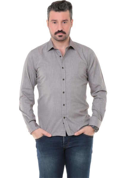 Sry Denim Slim Fit Uzun Kol Gömlek - Kahverengi