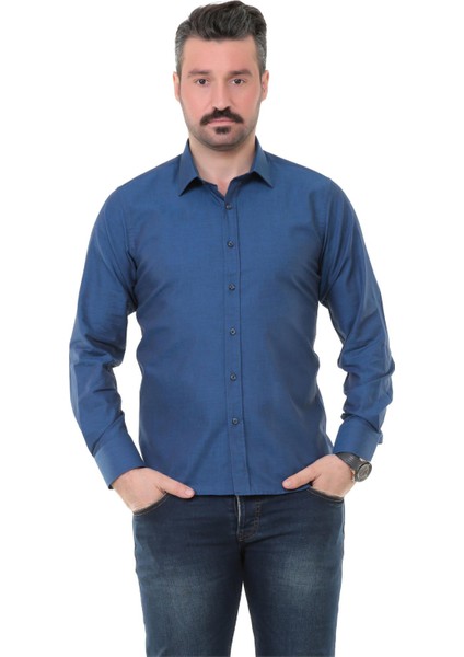 Sry Denim Slim Fit Uzun Kol Gömlek - Petrol Mavi