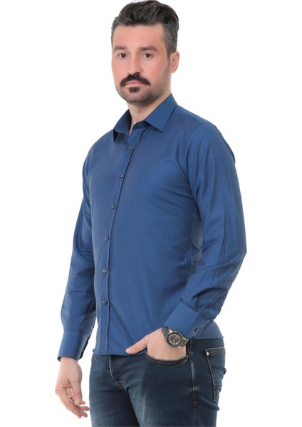 Sry Denim Slim Fit Uzun Kol Gömlek - Petrol Mavi