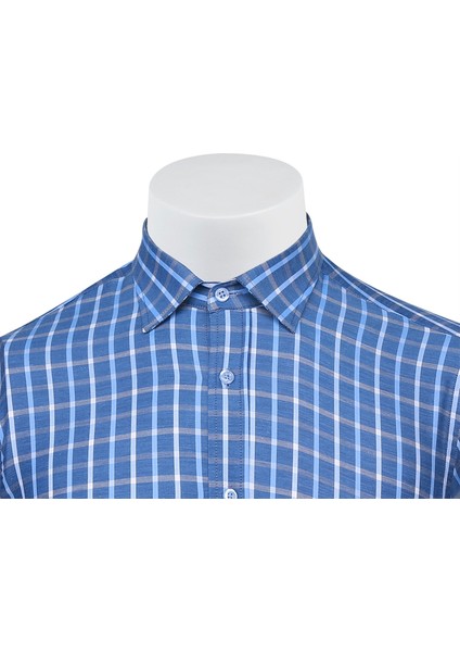 Sry Soft Ekose 047 Slim Fit Uzun Kol Gömlek - Mavi
