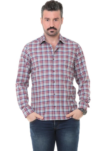 Sry Soft Ekose 014 Klasik Kesim Uzun Kol Gömlek - Bordo