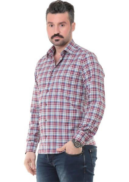 Sry Soft Ekose 014 Klasik Kesim Uzun Kol Gömlek - Bordo