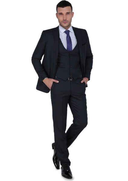 Tesla Yelekli Slim Fit Takım Elbise-Kahverengi