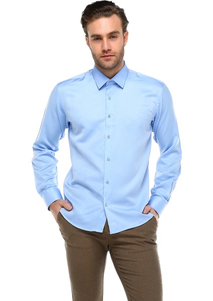 Erkek Mavi Slim Fit Uzun Kol Gömlek