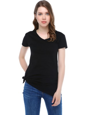 Mumu Kadın Siyah V Yaka Basic Tshirt Yandan Bağlamalı