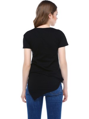 Mumu Kadın Siyah V Yaka Basic Tshirt Yandan Bağlamalı