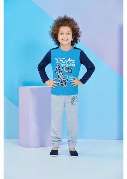 Uzun Kollu Erkek Çocuk Pijama Takımı Turkuaz