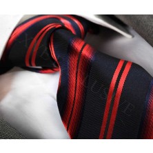 Exve Exclusive Kırmızı Çizgili Lacivert Kravat