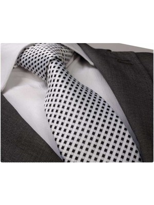 Exve Exclusive Beyaz Siyah Kafes Desenli Kareli Kravat