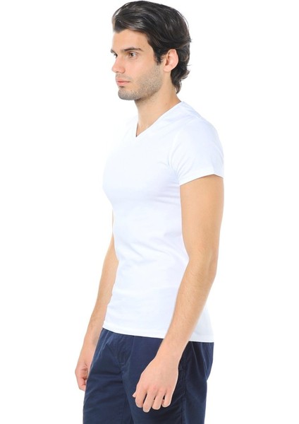 Erkek V Yaka Streç Beyaz Basic Tişört 061748-620