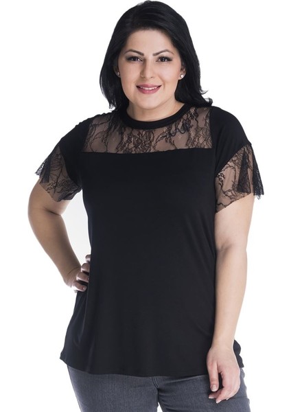 Robası Ve Kolları Dantel Detaylı Viskon T-Shirt 23442-m