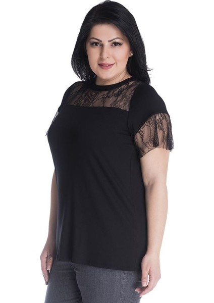 Robası Ve Kolları Dantel Detaylı Viskon T-Shirt 23442-m