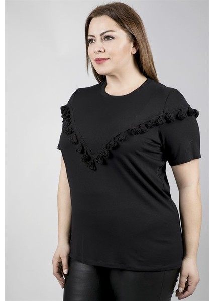 Bedeni Püskül Detaylı Örme T-Shirt 23573-m